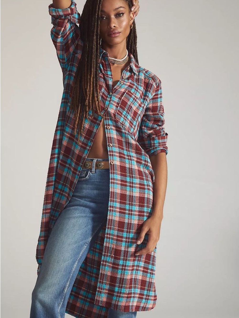 Pilcro by Anthropologie Plaid Longline Button-Down Tunic Shirt Dress S